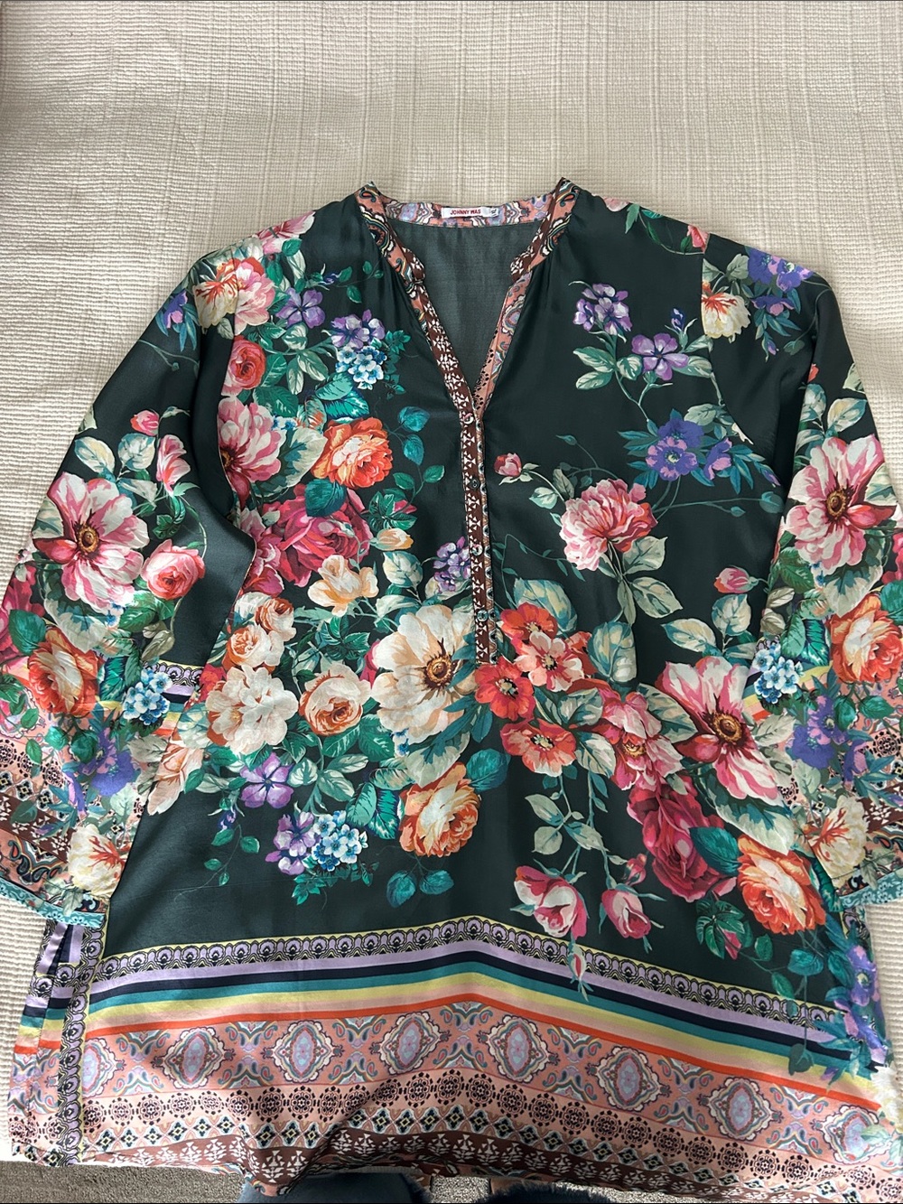 Johnny Was Dark Green Floral V-Neck Tunic Top